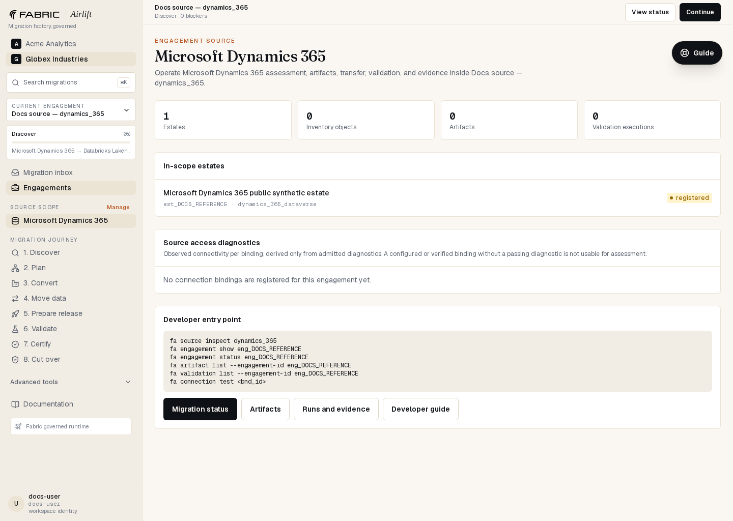 Airlift Microsoft Dynamics 365 source workspace showing the governed estate and developer command entry point