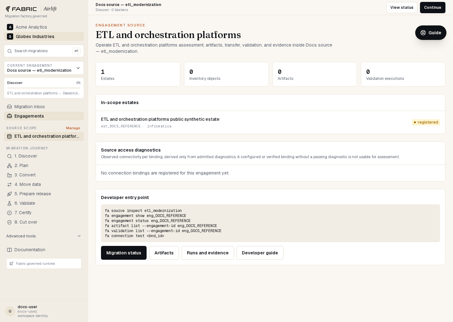 Airlift ETL and orchestration platforms source workspace showing the governed estate and developer command entry point