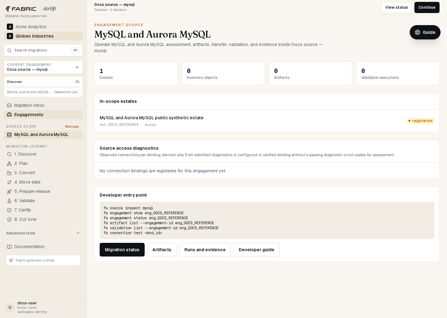 Airlift MySQL and Aurora MySQL source workspace showing the governed estate and developer command entry point