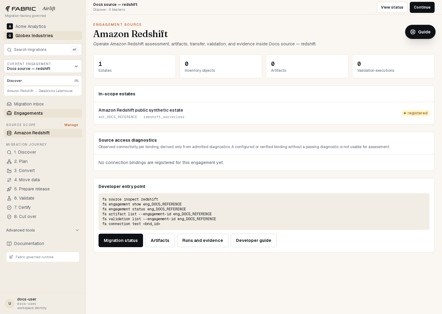 Airlift Amazon Redshift source workspace showing the governed estate and developer command entry point