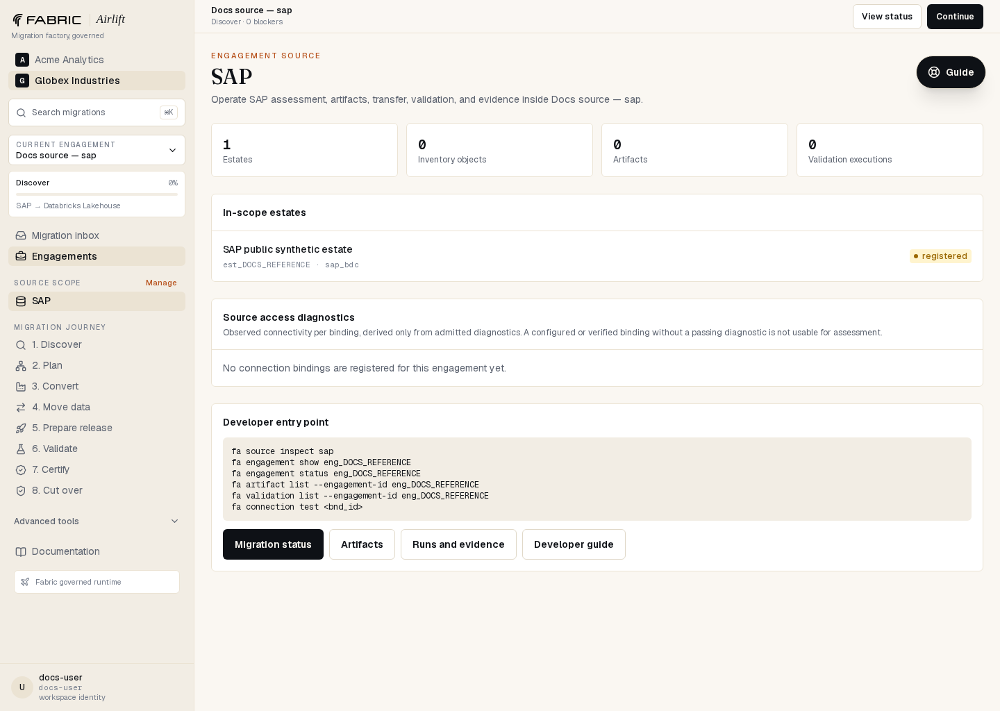 Airlift SAP source workspace showing the governed estate and developer command entry point