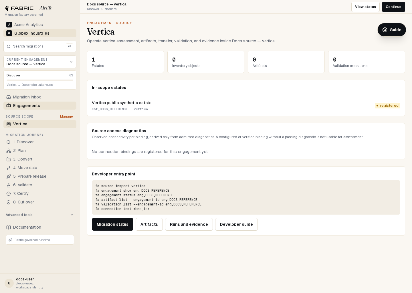 Airlift Vertica source workspace showing the governed estate and developer command entry point